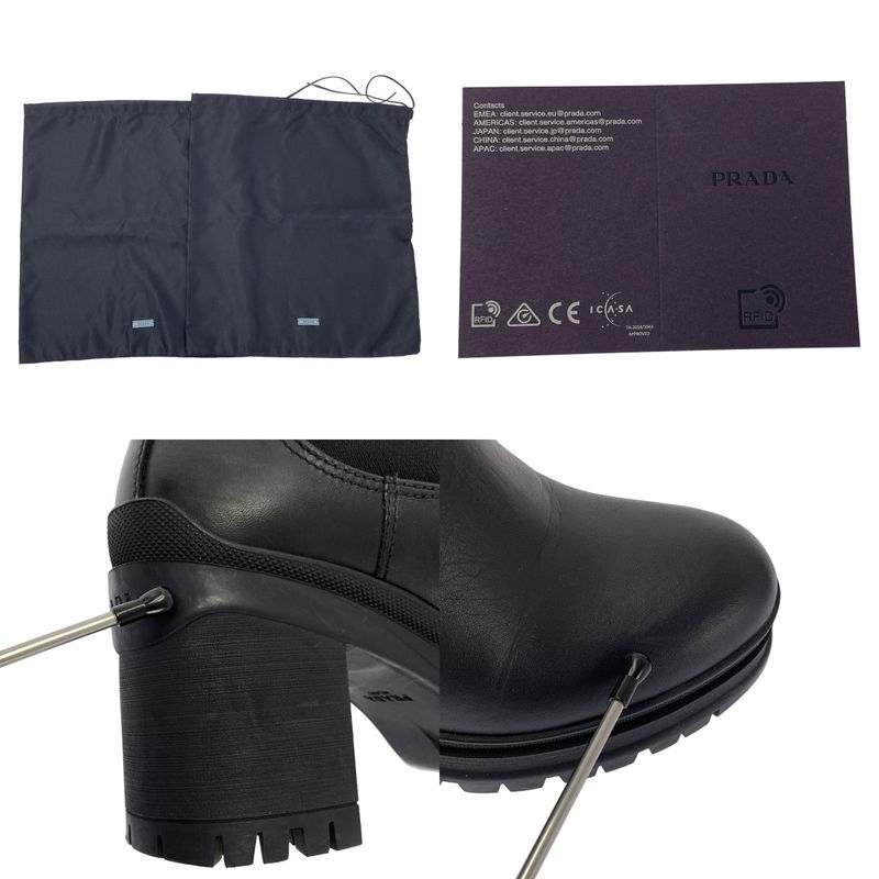 Prada Leather Logo Side Gore Heeled Boots - 36 - Black - Women's