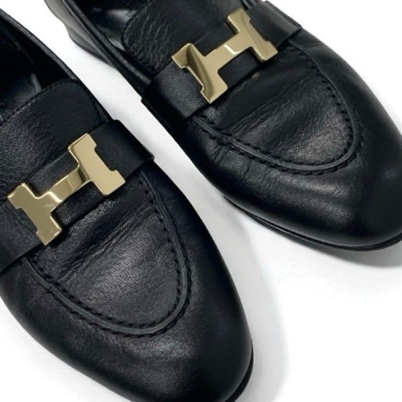 Hermes Paris Loafer Leather Shoes Black Gold Hhardware Moccasins