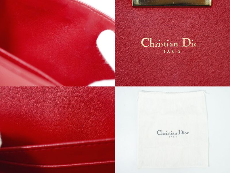 Authentic Christian DIOR Cannage Chain Shoulder Bag Pochette Leather Red Pink