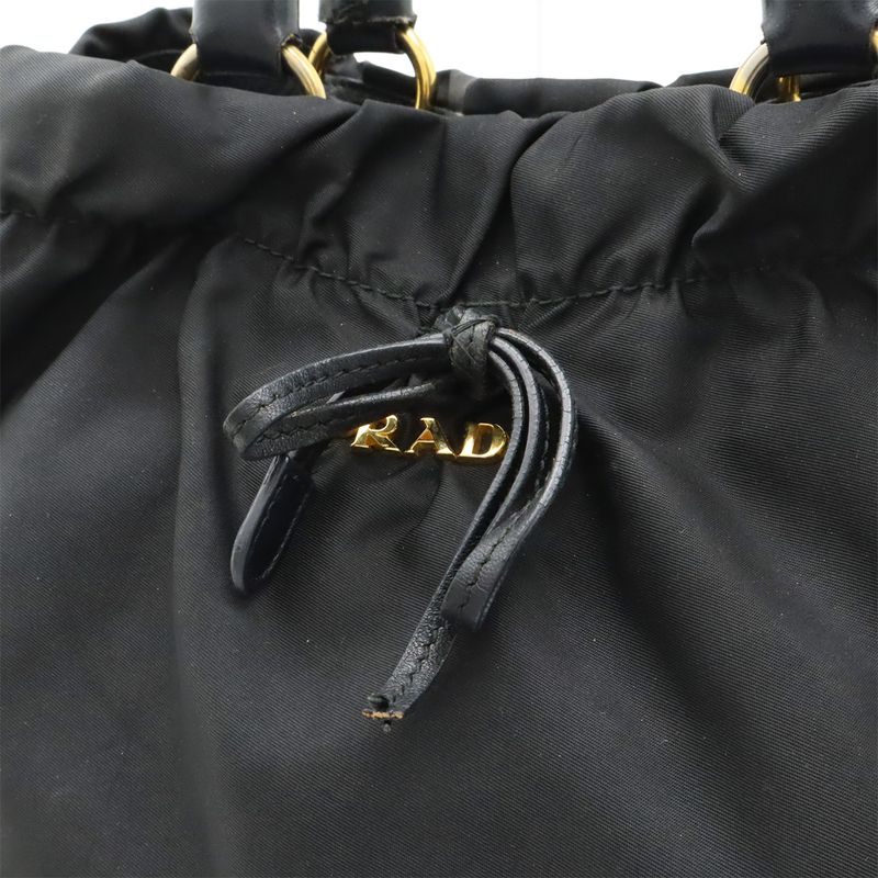 Prada Tessuto Gathered Ribbon Handbag Tote Bag Braided Handle Nylon NERO Black