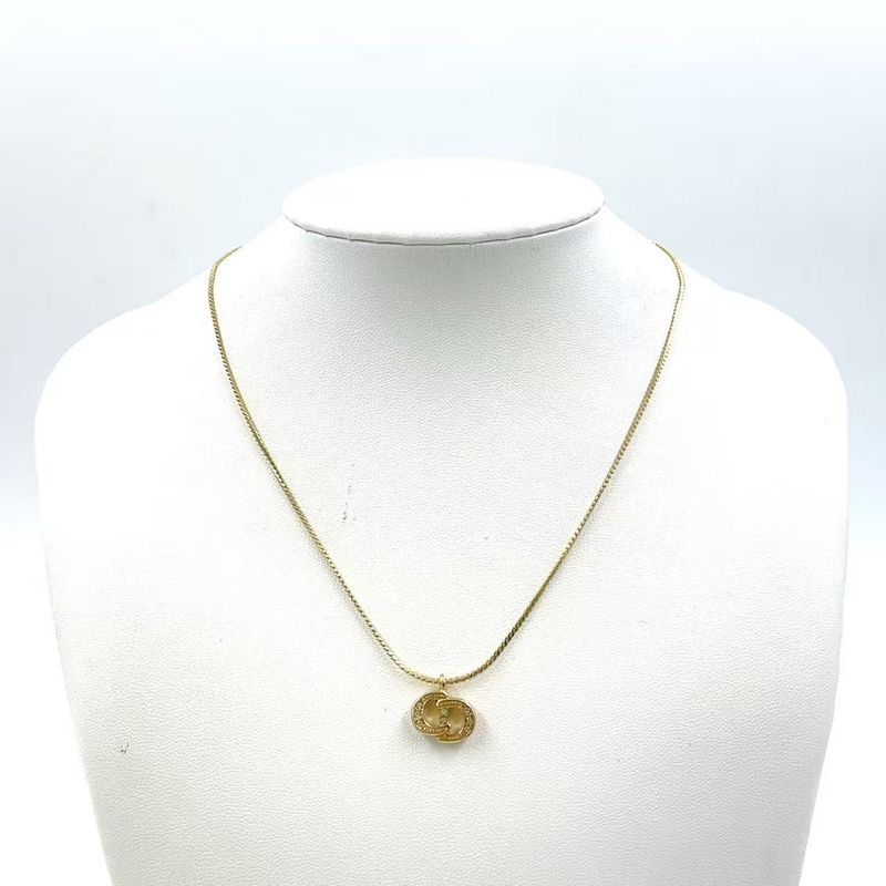 Christian Dior CD Logo Rhinestone GP Gold Necklace