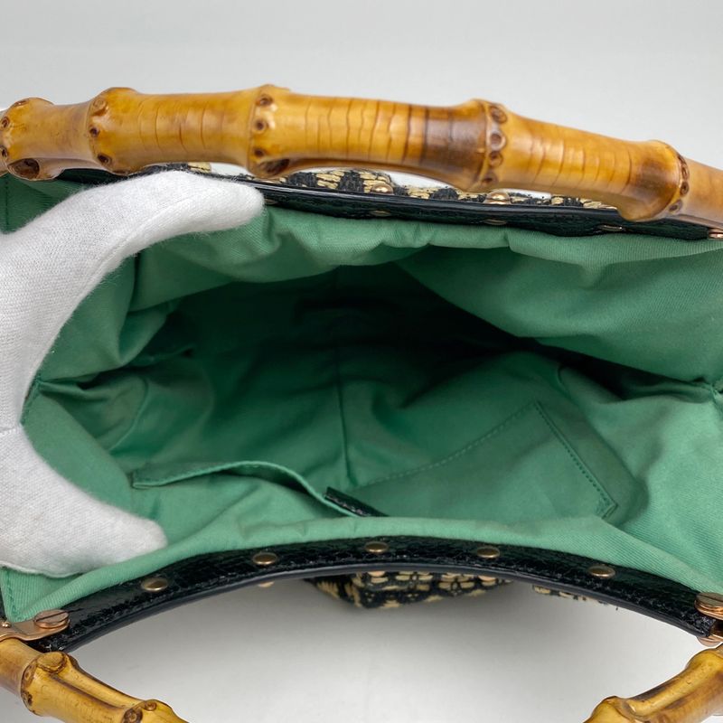 Gucci Bamboo Handbag Floral Stitching Handbag Fabric Black Multicolor 125585