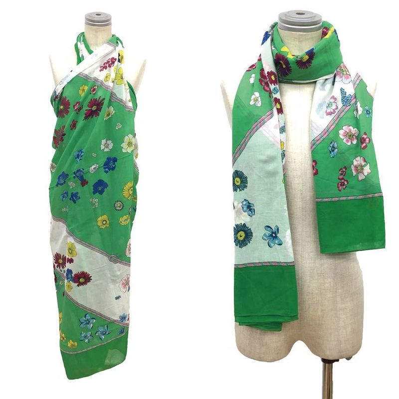Hermes Cotton Large Shawl Pareo Shawl Floral Green Aq3793