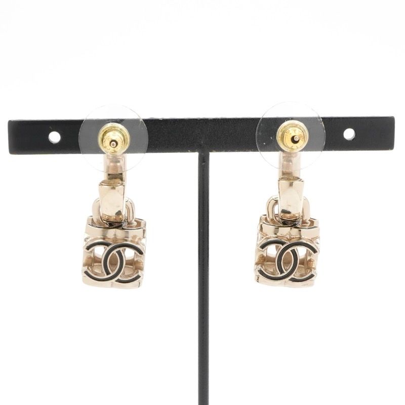 Chanel Earrings Earring Gold Black Coco Mark Cube Hoop