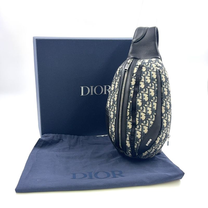 Christian Dior Scarab Oblique Leather X Canvas Black X Beige Body Bag Silver