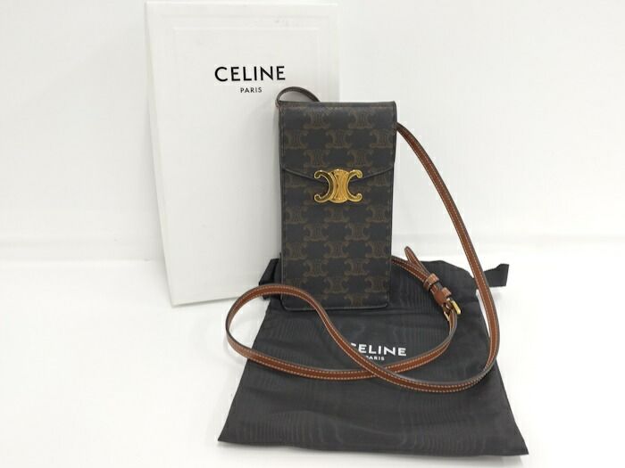 Celine Triomphe Vertical Mobile Pouch PVC Black Brown 10j092dqb