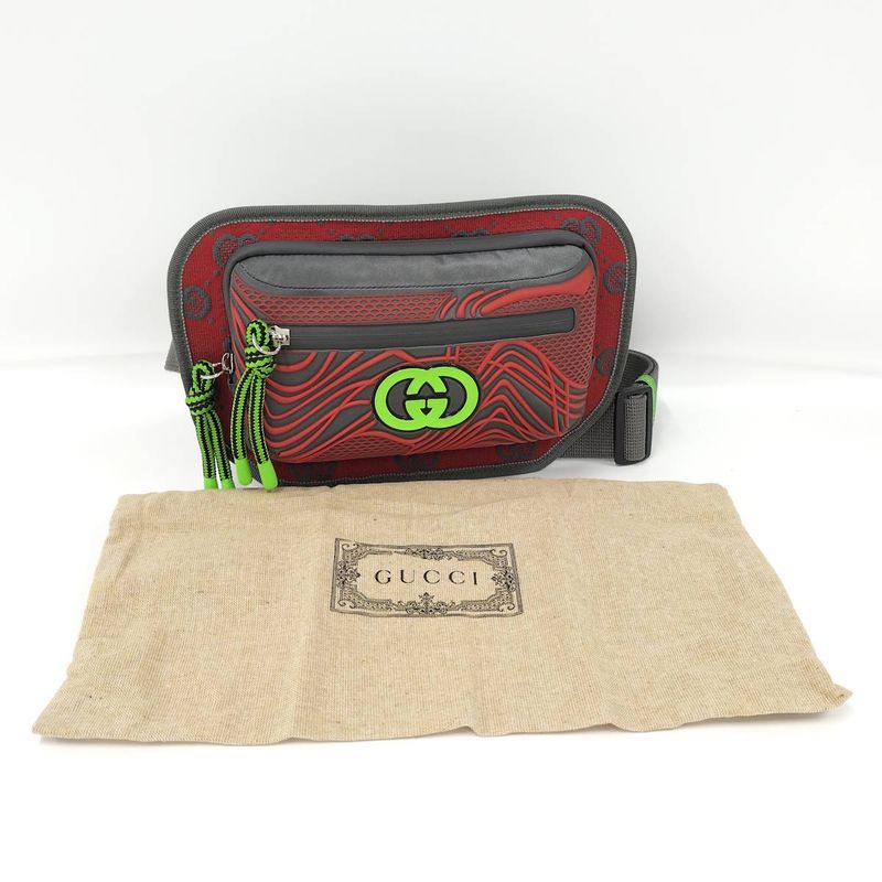 Gucci Belt Bag Body Bag GG Nylon Gray Red 752102