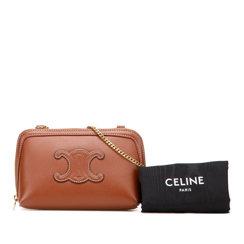 Celine Triomphe Chain Shoulder Bag Pochette Brown Leather Women's Celine