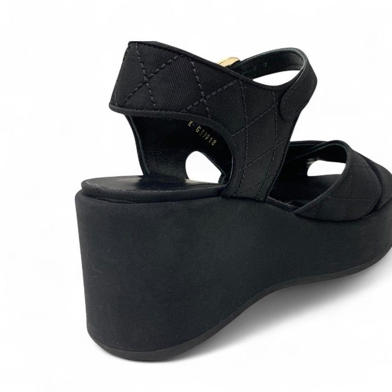 Chanel Sandals Shoes Fabric Black Here Mark Matelasse Wedge Sole Rhinestone