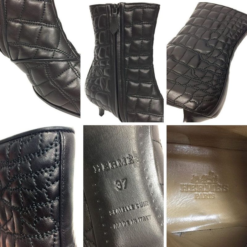 Hermes Quilted Leather Short Boots Women's 37 Size Black Unused Aq11643