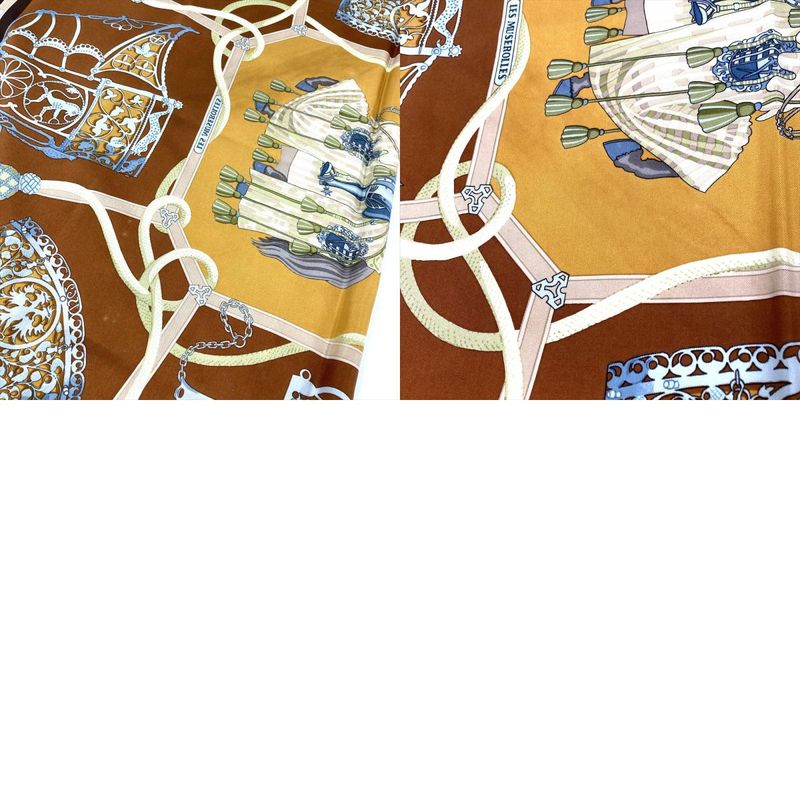 Hermes Carre 90 LES Muserolles Nose Leather Scarf Silk Brown Ladies