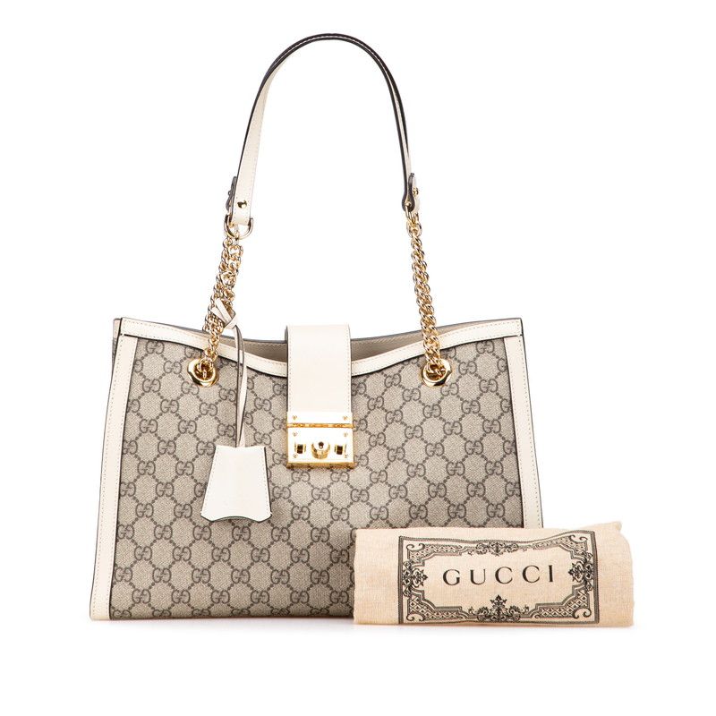 Gucci GG Supreme Padlock Medium Chain Tote Shoulder Bag 479197 Beige White PVC