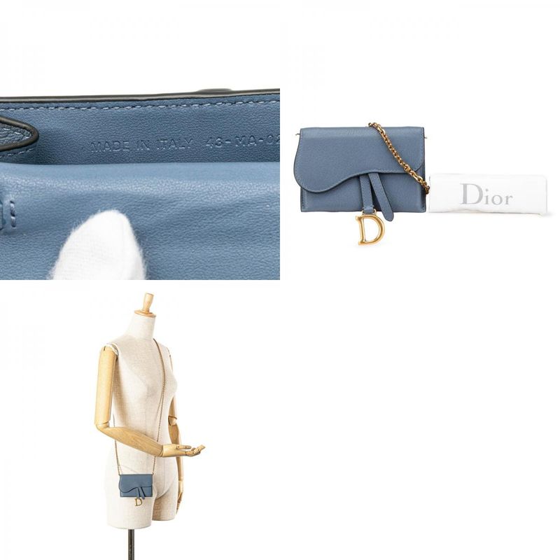 Dior Saddle Chain Shoulder Wallet Blue Gray Leather Women's Dior