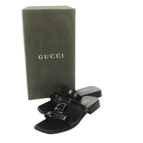 Gucci Flat Sandals Mules Square Toe Leather G Logo 36 23.0cm (9.06in) Black