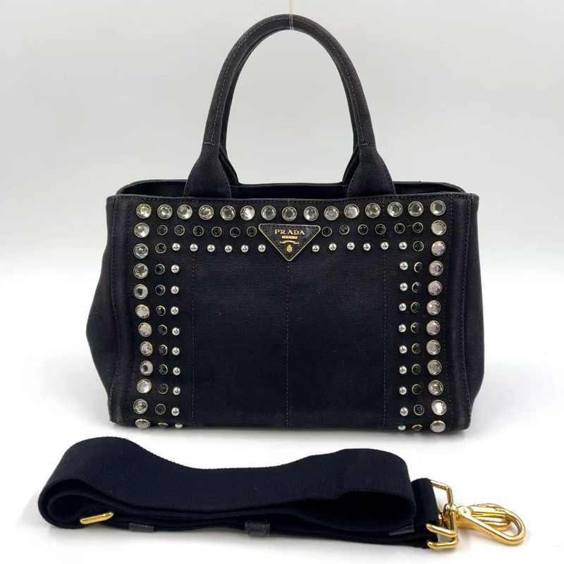 Prada Canapa Studded Triangle Plate Tote Canvas Black Handbag Gold
