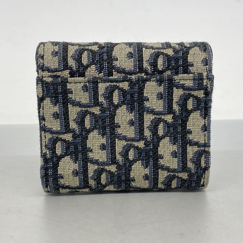 Christian Dior Trifold Wallet Oblique Saddle Canvas Navy Gold Hardware Women