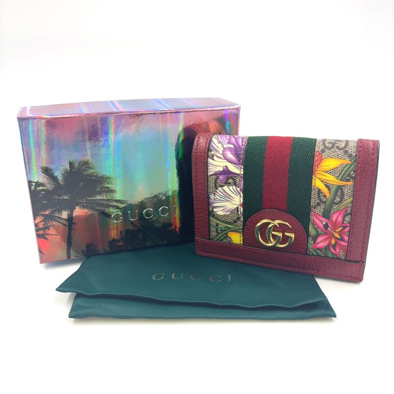 Gucci Offia Flora Fold Leather X Canvas X PVC Beige X Red Wallet Gold
