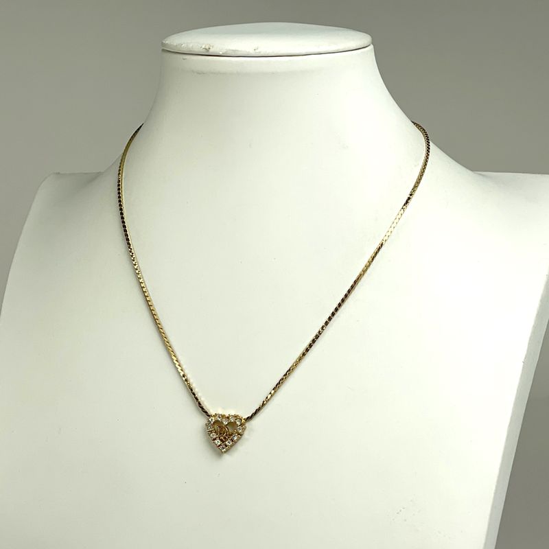 Christian DIOR Logo Rhinestone Necklace Heart Necklace GP Gold Women