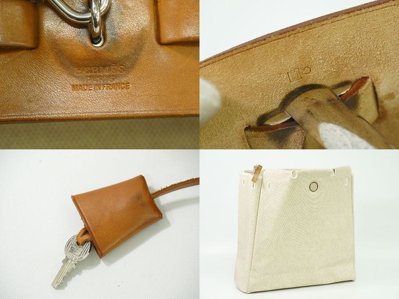 Authentic Hermes Herbag MM Toile Ash 2WAY Shoulder Bag Handbag □E Engraved