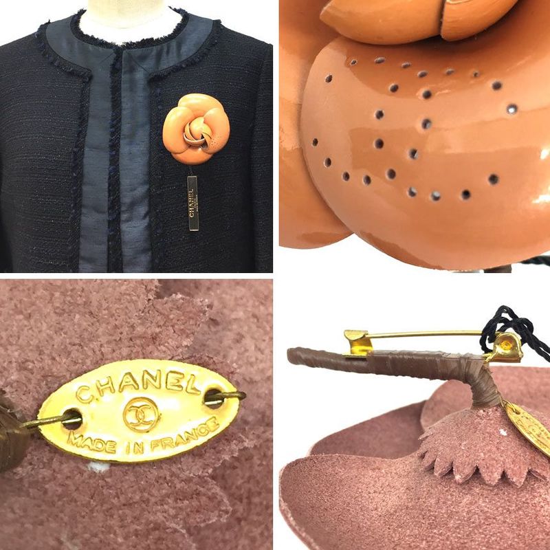 Chanel Leather Camellia Brooch Corsage Flower 01PA Pink Beige Aq11590