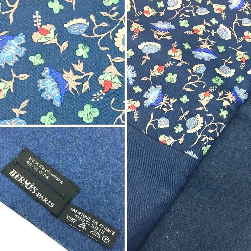 Hermes Shawl Scarf Reversible Flower Floral Navy Aq11542