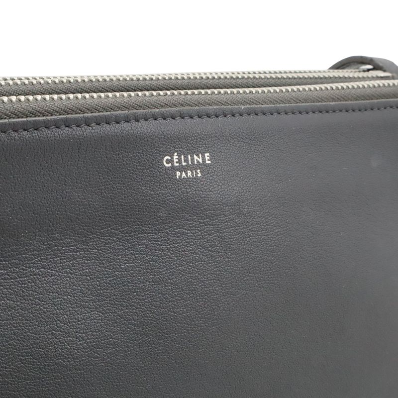 Celine Trio Large Shoulder Bag Pochette Crossbody Pouch Leather Gray Silver