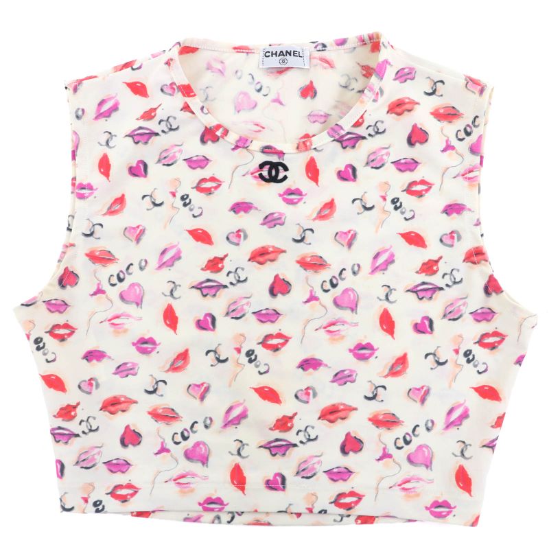 ◇chanel Vintage Coco Mark Embroidery Lip Pattern Cropped Top Tank Top Off White