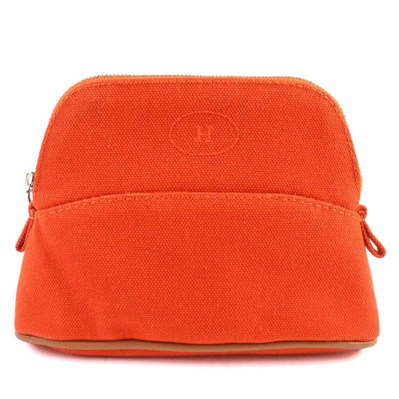 Hermes Bolide Pouch Mini Cotton 100% H Logo Embroidery Leather Use Cosmetic