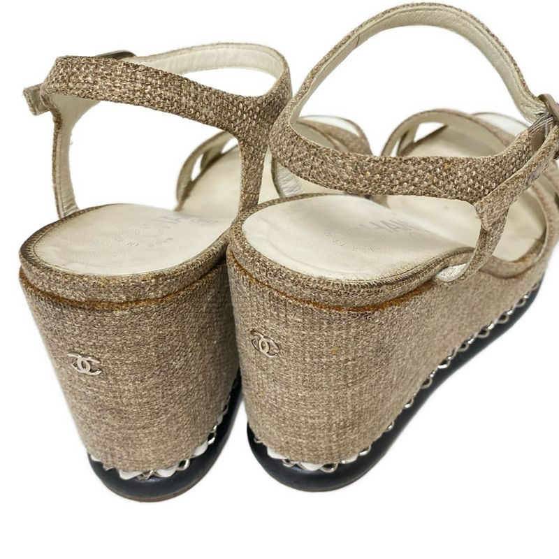 Chanel Sandals 36 Women - Beige X Silver X White Chain/wedge Sole Linen Leather