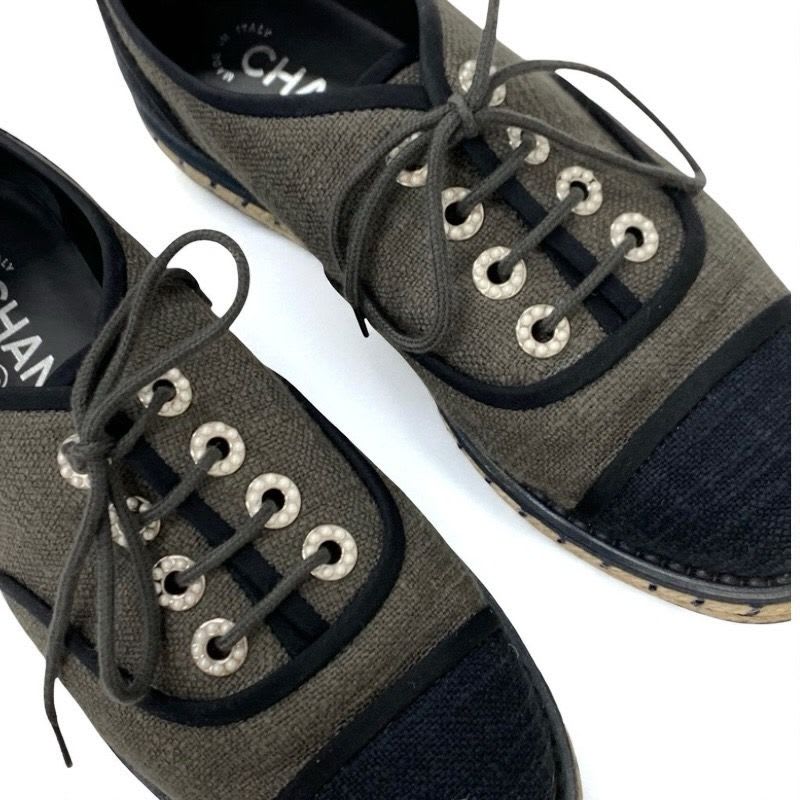 Chanel Flat Shoes Fabric Gray Black Coco Mark Espadrilles Pearl Lace Up
