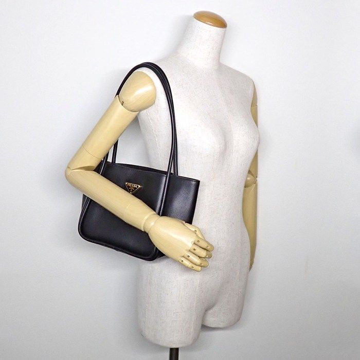 Prada Tote Bag Soft Grain Triangle Logo Mini Tote 1bg539 Black Leather Gold