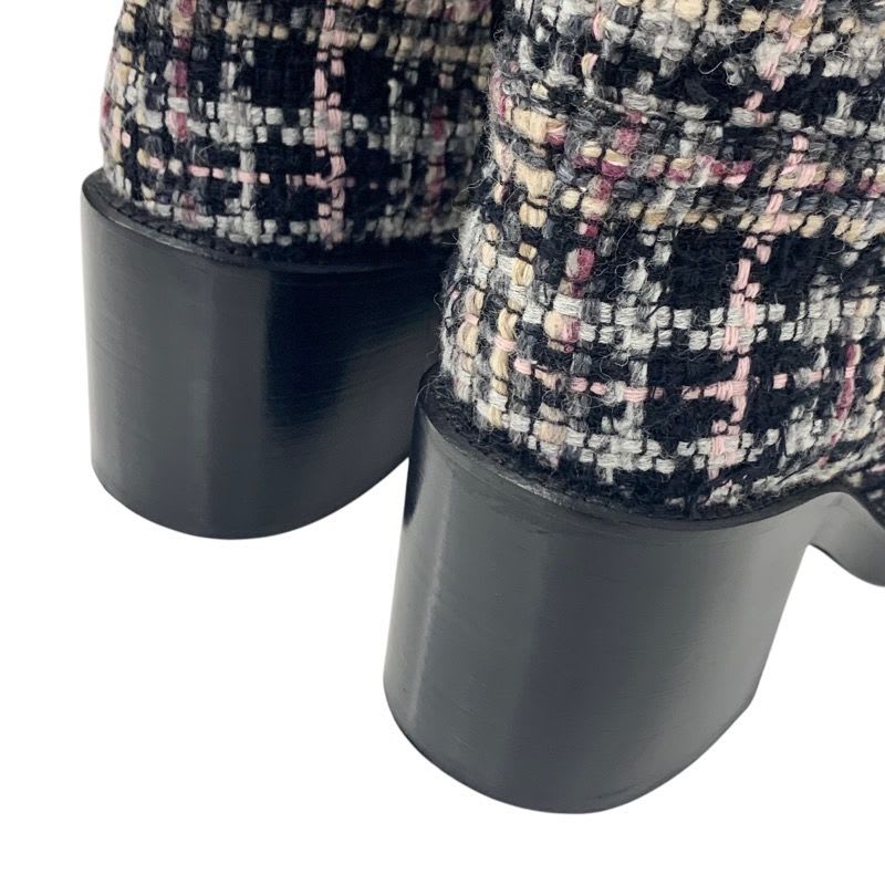 Chanel Boots Long Shoes Tweed Leather Black Multicolor Coco Mark