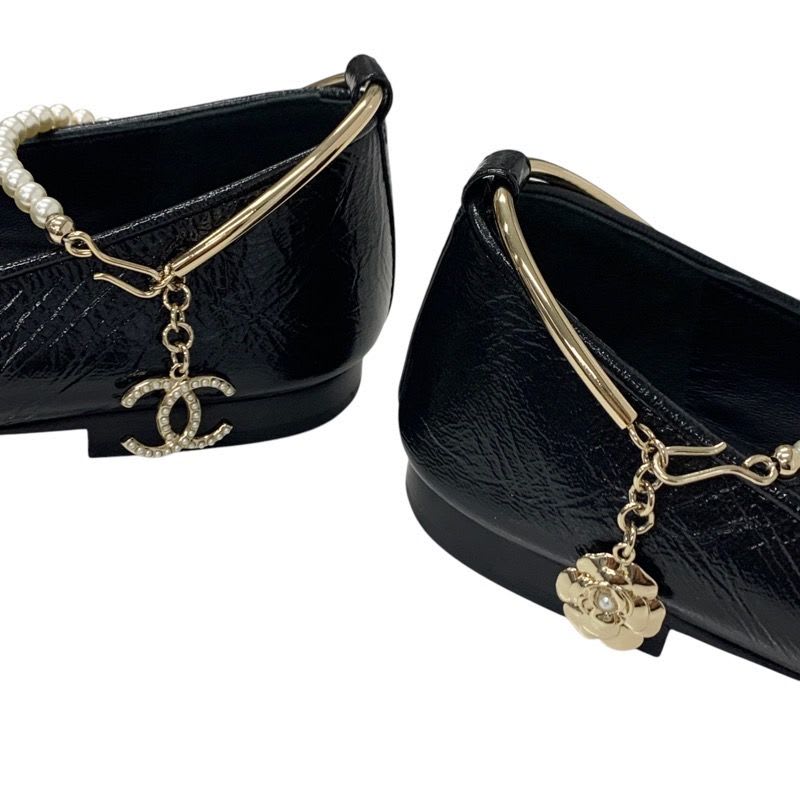 Chanel Flat Shoes Leather Black Gold Ballet Ballerina Coco Mark Pearl