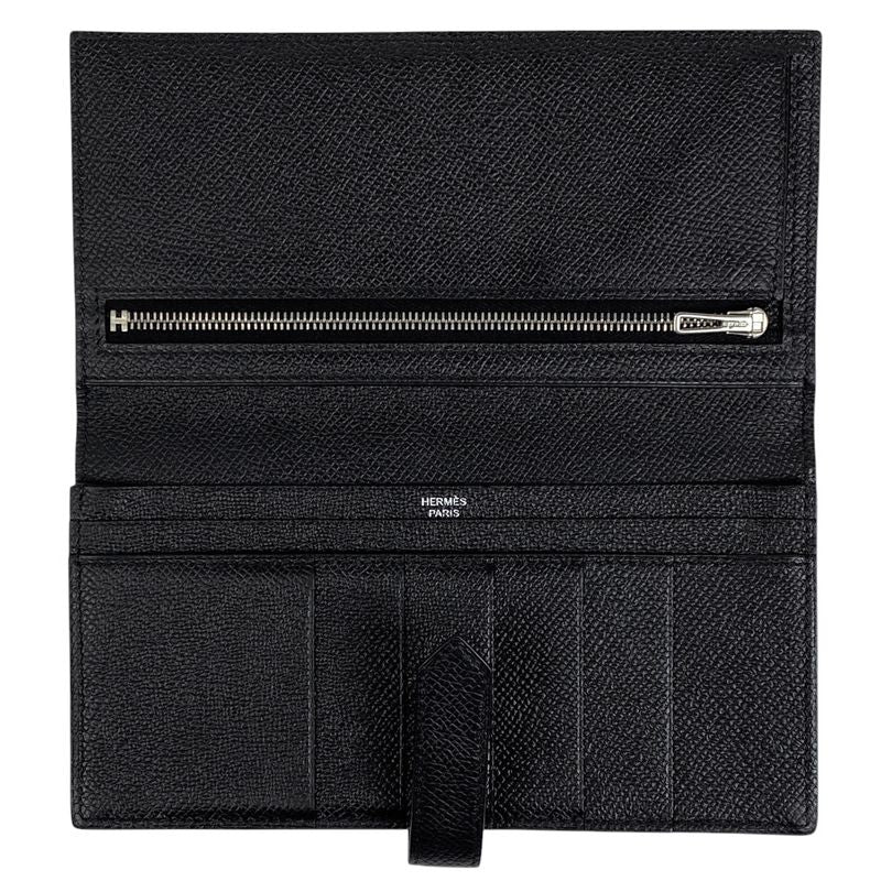Hermes Bearn Souffle H Logo Foldable Long Wallet Vaux Epson Black T Women