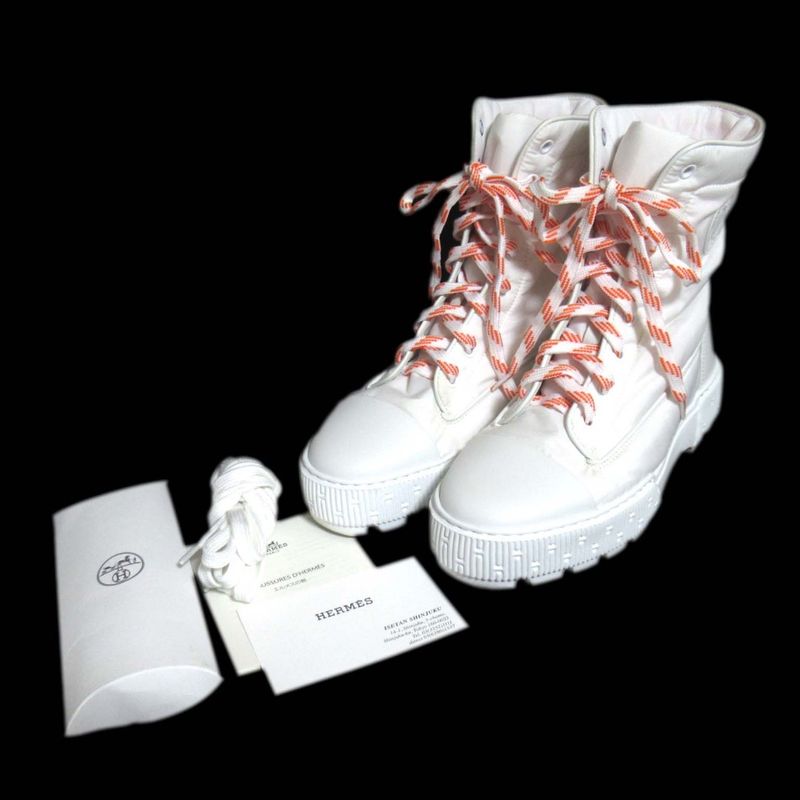 Hermes Fresh Nylon And Leather Lace-up Short Boots Size 37 Equivalent To 24cm