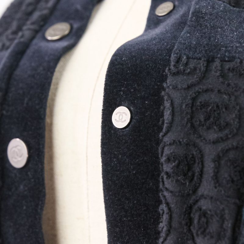 Good Chanel Coco Mark Pile Velour Cardigan Blouson P41364 Size 36 Black Silver