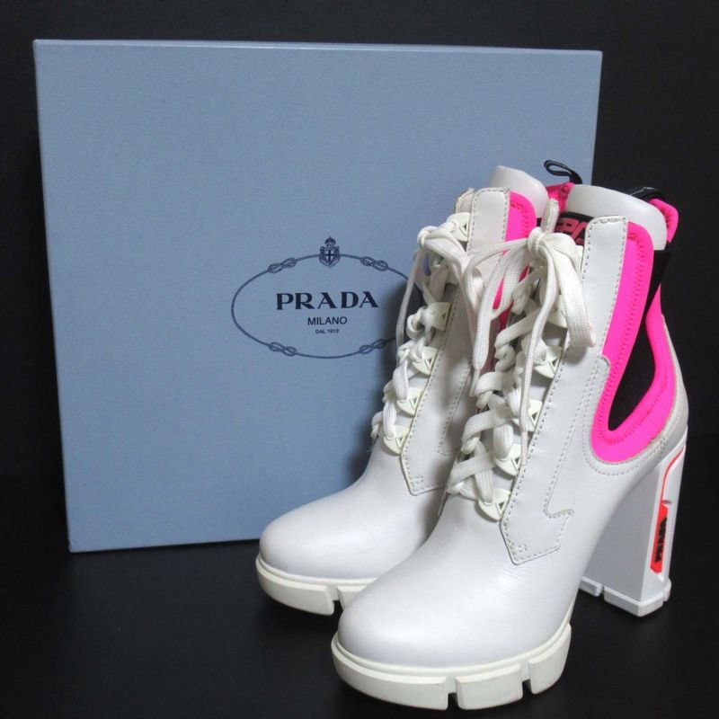 Prada Chunky Heel High Heel Lace Up Short Boots Size 37.5 Approx 24.5cm