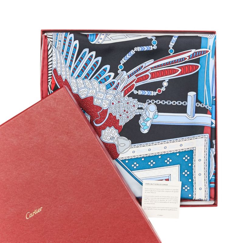 Unused Cartier Archive Motif Square 90 Silk Scarf Blue Red Ladies Old Used