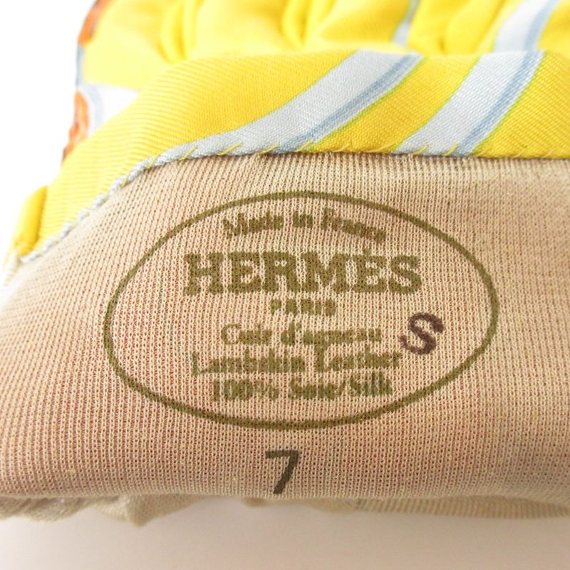 Hermes Twill Raine Silk Lambskin Gloves 7 Yellow X Multicolor Women's Used
