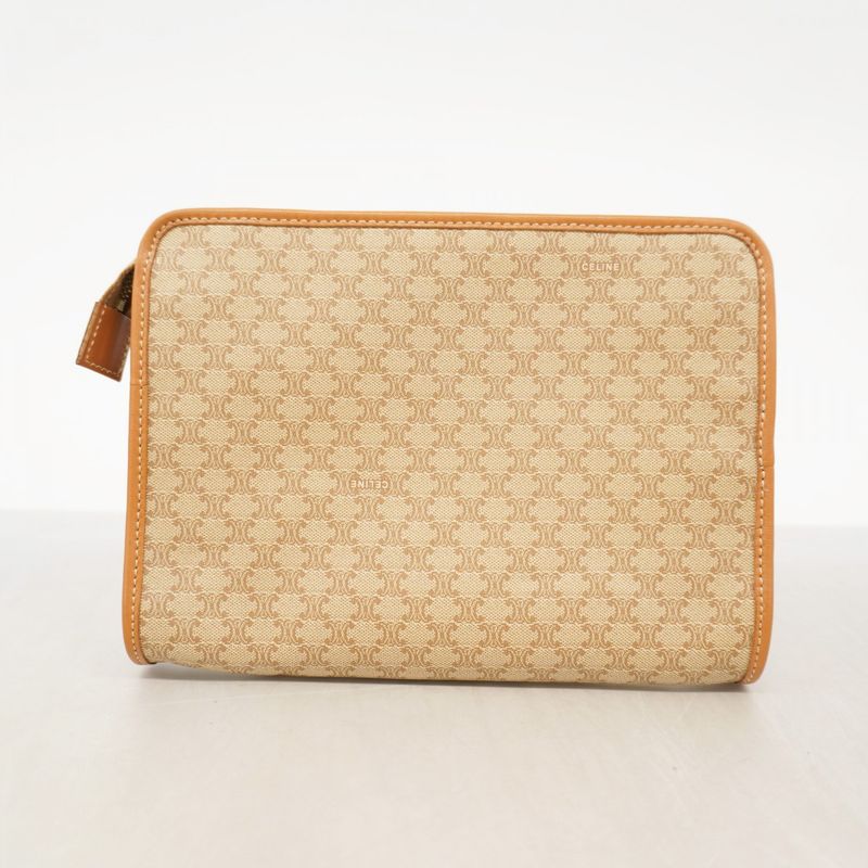 Celine Clutch Bag Triomphe PVC Beige Gold Hardware Men Women Unisex