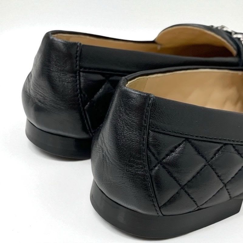 Chanel Loafer Leather Shoes Black Silver Coco Mark Quilted Flat