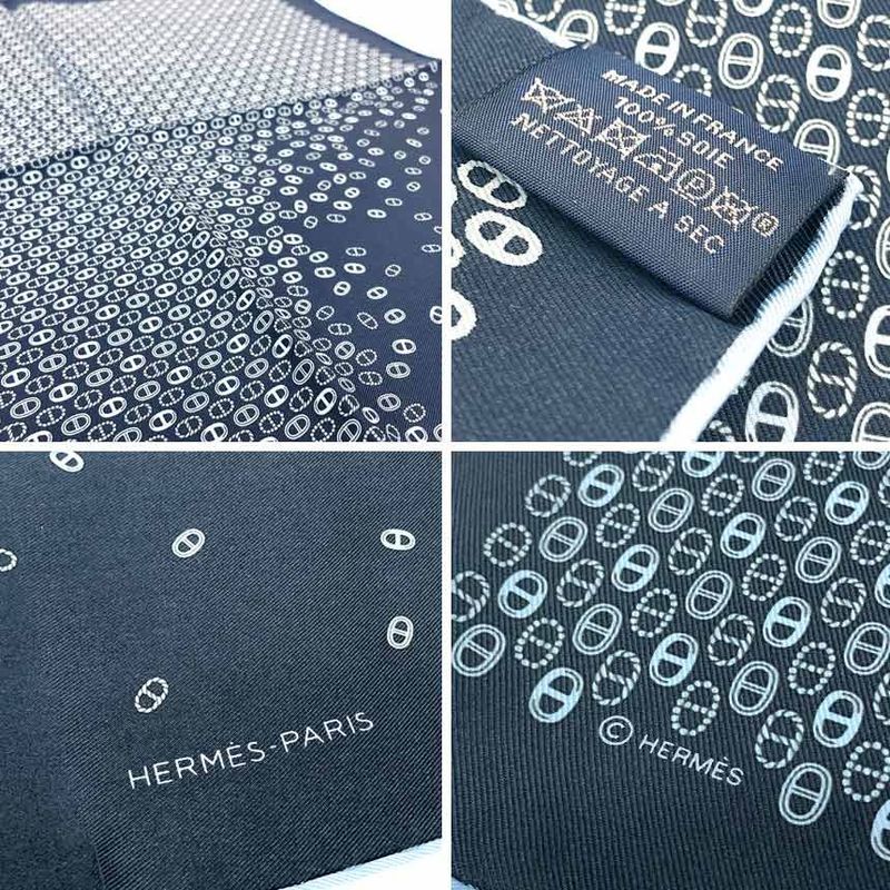 Hermes Pocket Chief Scarf Pochette Twill Carré Chaine D'ancre Silk Navy Unused
