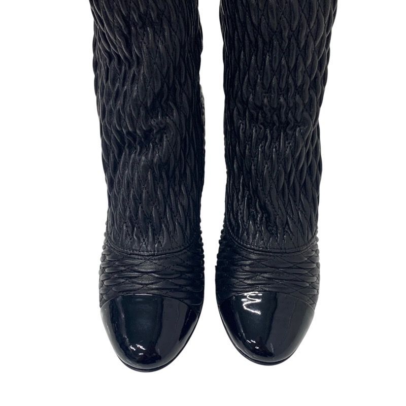 Chanel Boots Long Boots Shoes Leather Black Knee High Boots Here Mark