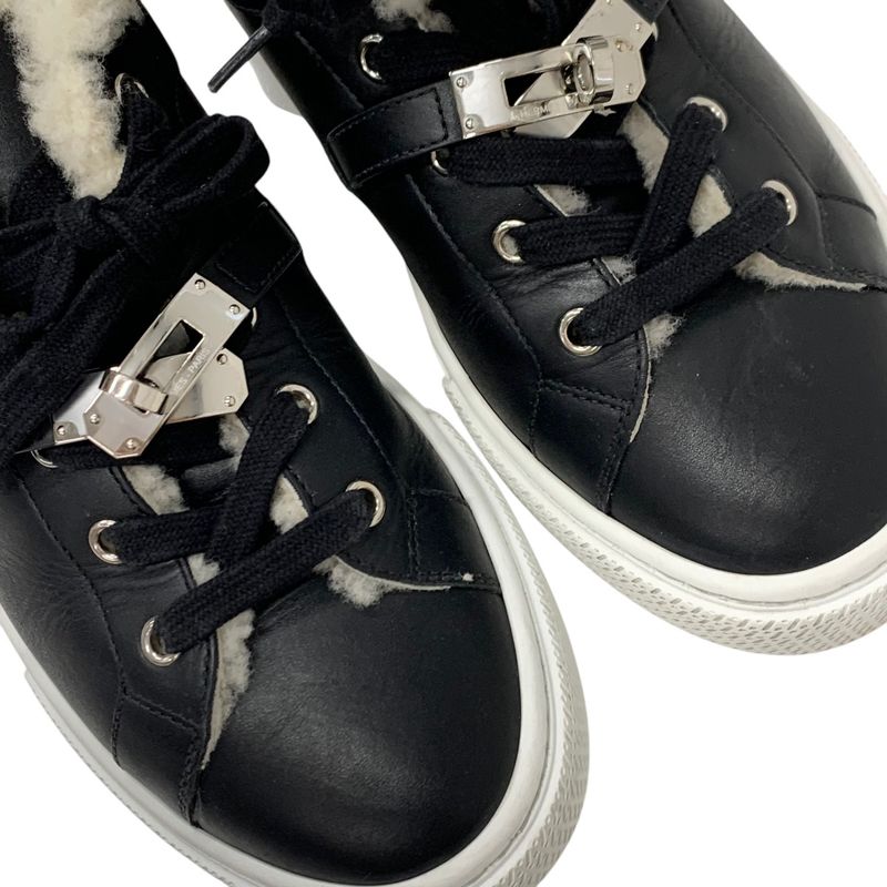 Hermes Day Sneakers Shoes Leather Shearling Black Silver Kelly Hardware Boa