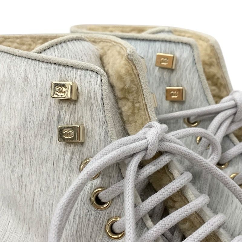 Chanel Boots Short Shoes Haraco Suede Shearling Beige Gray Coco Mark Lace