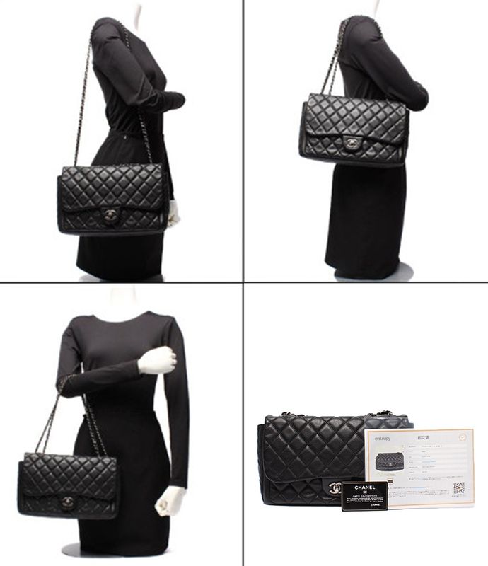 Chanel Chain Shoulder Bag Caviar Skin Silver Hardware 18s Double Chain Single