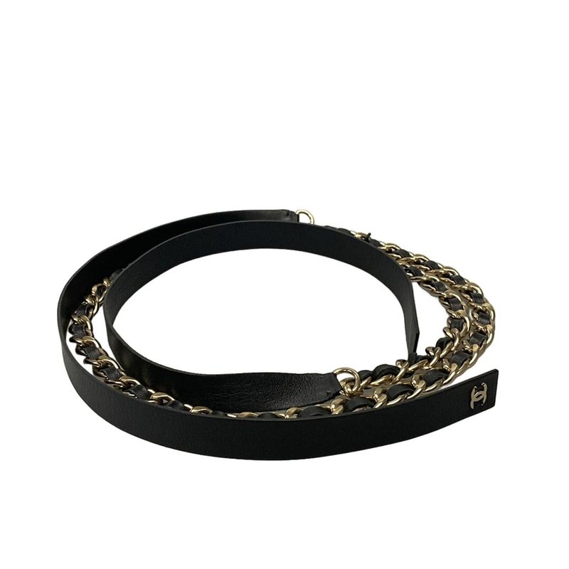 Chanel Belt - Black And Gold Coco Mark / Chain / Size L Leather