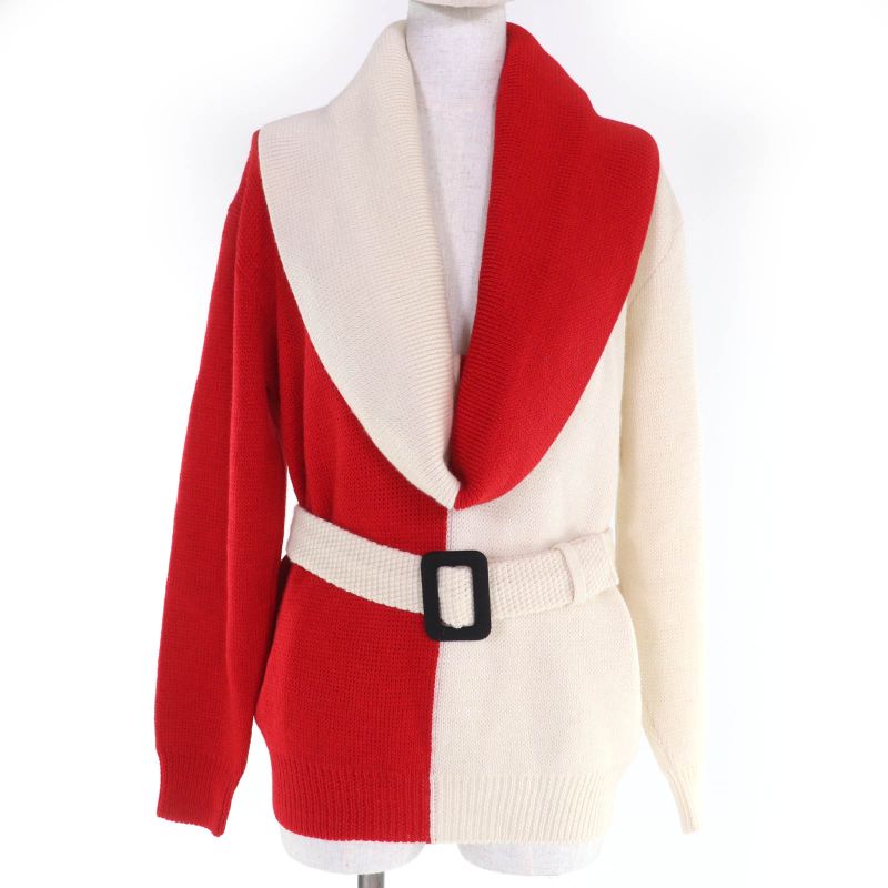 Gucci 727145 100% Wool Bicolor Long Sleeve Knit With Belt Red Ivory S Made In