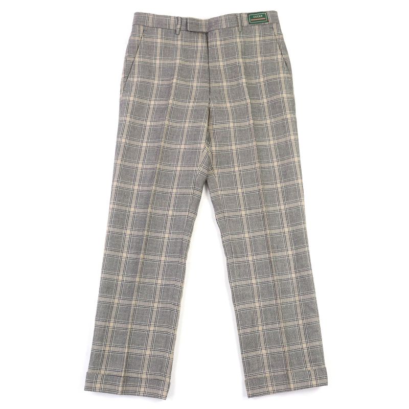 (gucci 707294 Linen Wool Boutique Glen Check Center Press Slacks Beige Color 44
