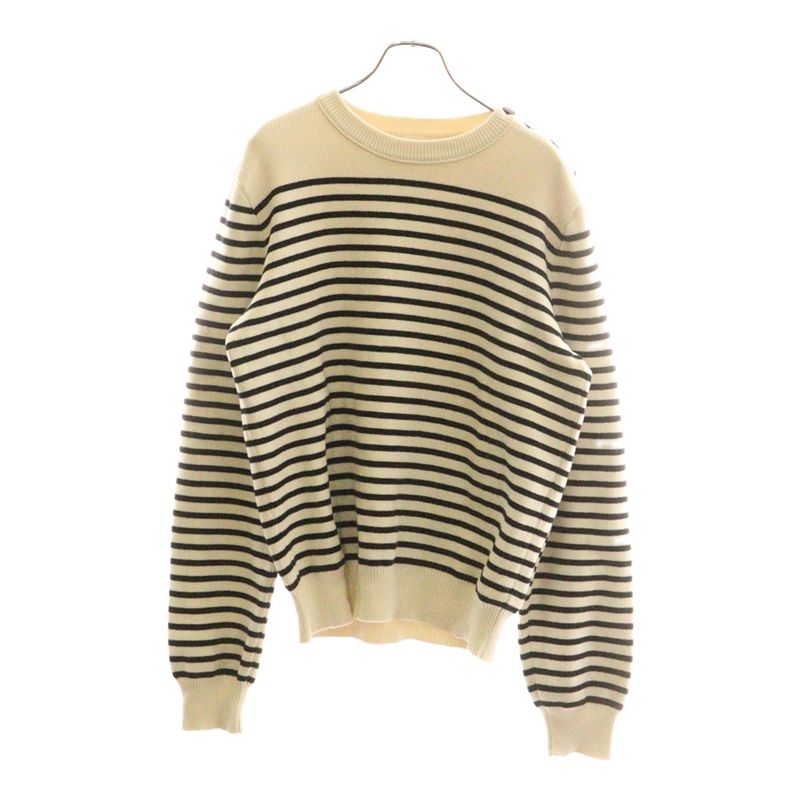 Celine Cotton Shoulder Button Striped Crewneck Long Sleeve Marine Knit Sweater